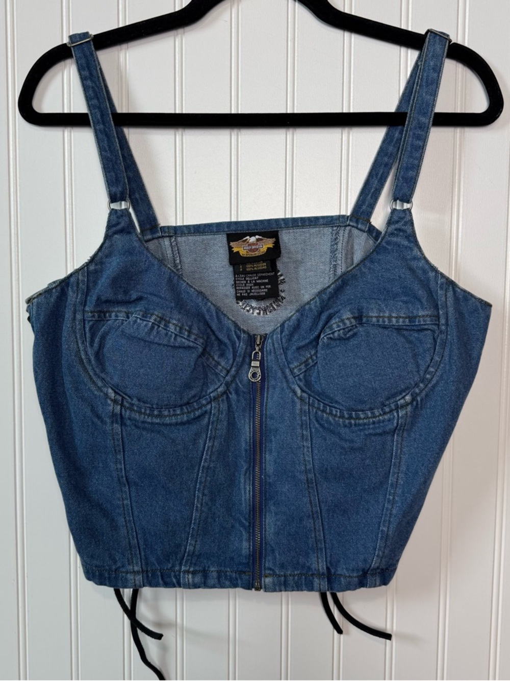 Harley Davidson Denim Corset Bustier Top Y2K Biker Zip Lace-Up Large